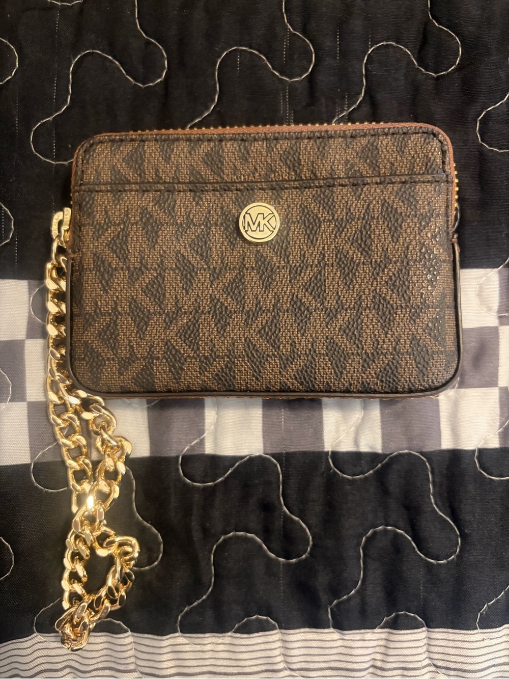 Michael Kors Dark Brown MK Monogram Card Wallet with Gold Chain